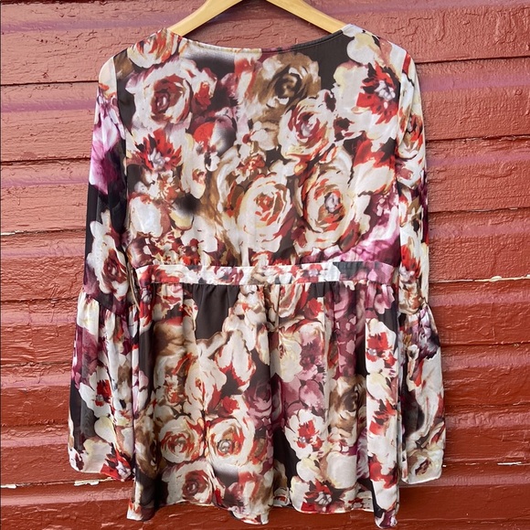 Boston Proper Lace Up Neckline Floral Chiffon Flounce Sleeve Top Women's Size M - Picture 7 of 8